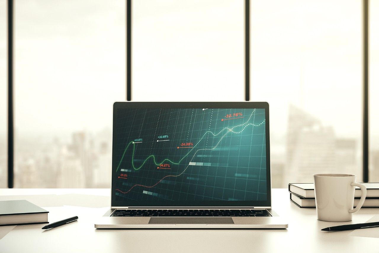 Stats data illustration on modern laptop monitor, computing and analytics concept. 3D Rendering